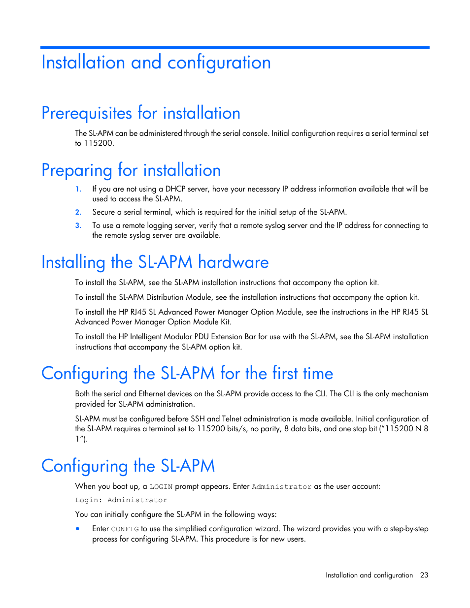 Installation and configuration, Prerequisites for installation, Preparing for installation | Installing the sl-apm hardware, Configuring the sl-apm for the first time, Configuring the sl-apm | HP ProLiant DL170e G6 Server User Manual | Page 23 / 111