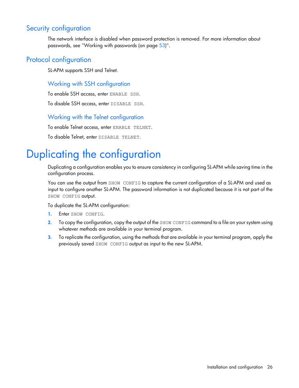 Security configuration, Protocol configuration, Working with ssh configuration | Working with the telnet configuration, Duplicating the configuration | HP ProLiant DL170e G6 Server User Manual | Page 26 / 111