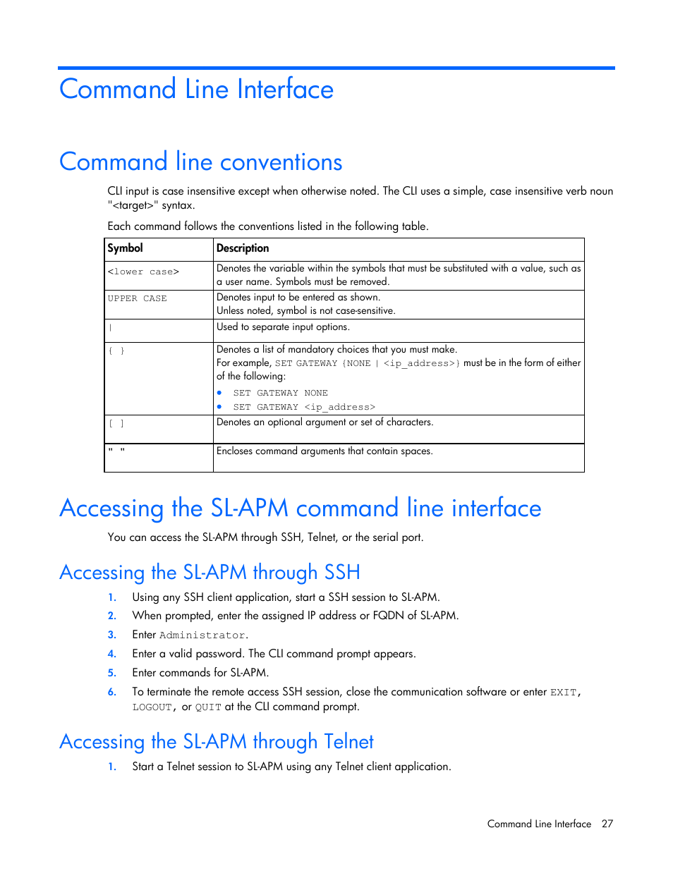 Command line interface, Command line conventions, Accessing the sl-apm command line interface | Accessing the sl-apm through ssh, Accessing the sl-apm through telnet | HP ProLiant DL170e G6 Server User Manual | Page 27 / 111