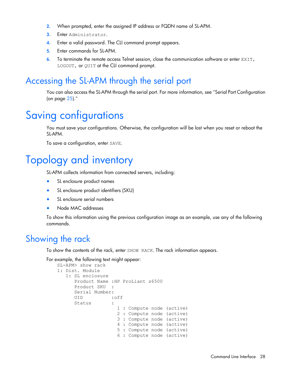 Accessing the sl-apm through the serial port, Saving configurations, Topology and inventory | Showing the rack | HP ProLiant DL170e G6 Server User Manual | Page 28 / 111