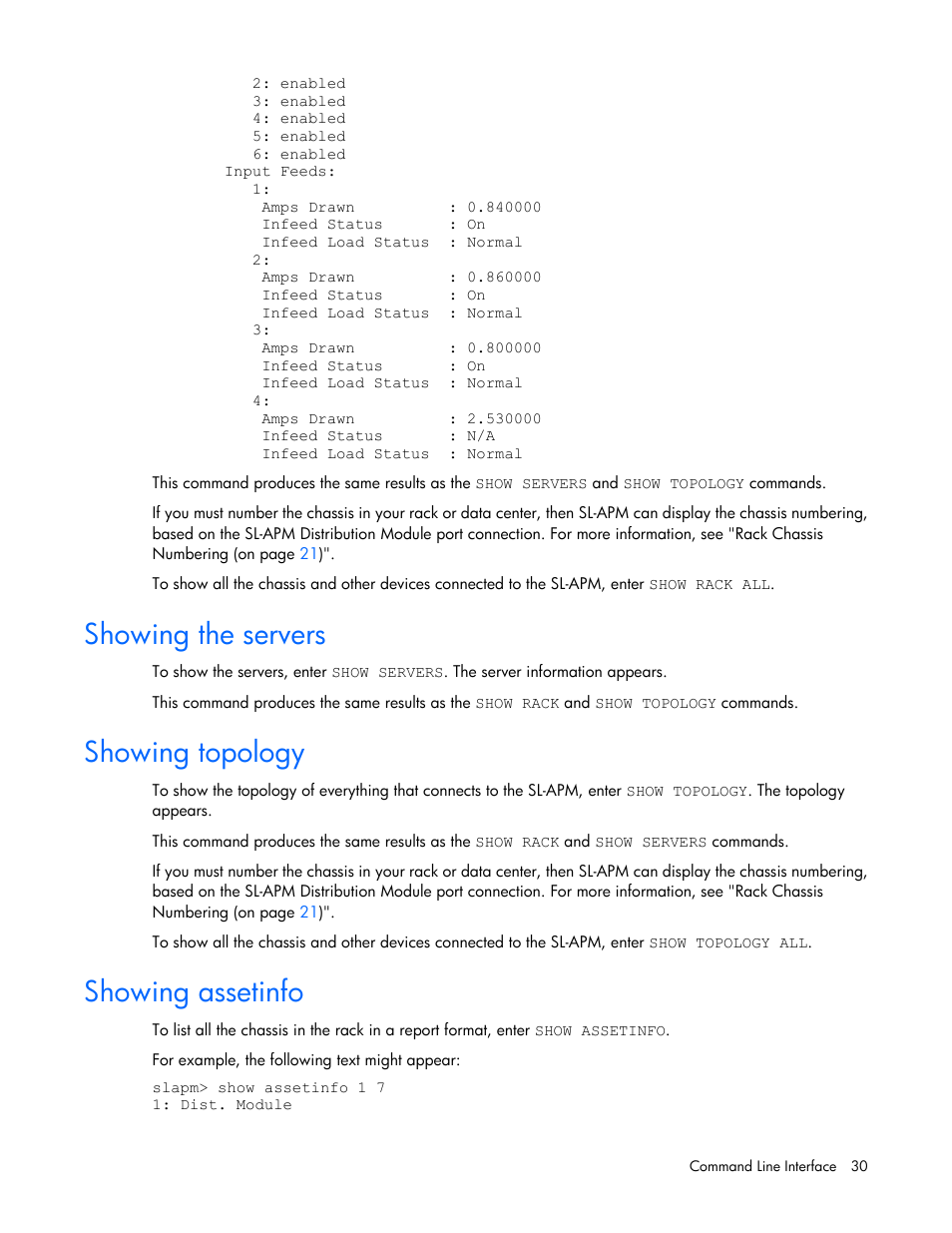 Showing the servers, Showing topology, Showing assetinfo | HP ProLiant DL170e G6 Server User Manual | Page 30 / 111