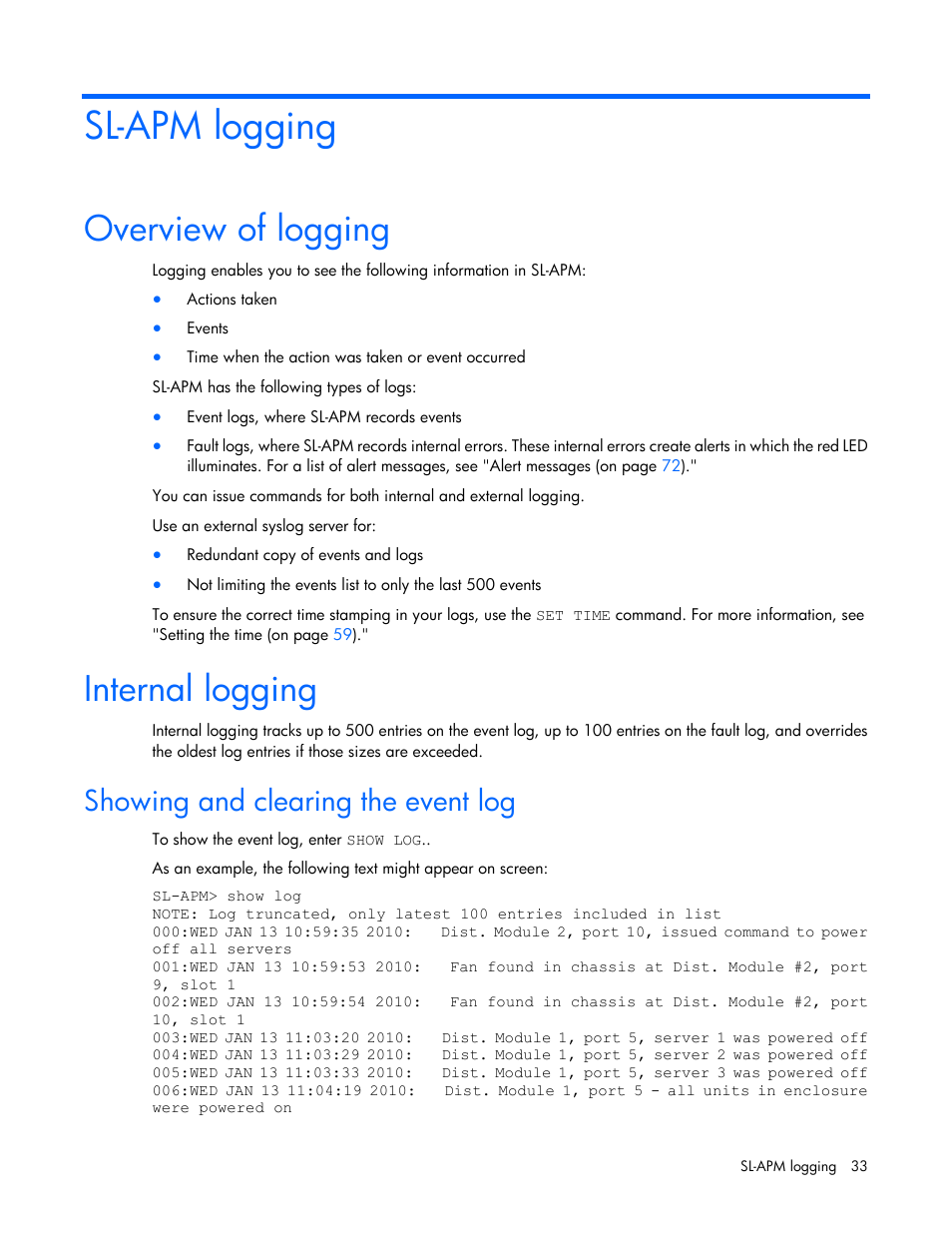 Sl-apm logging, Overview of logging, Internal logging | Showing and clearing the event log | HP ProLiant DL170e G6 Server User Manual | Page 33 / 111