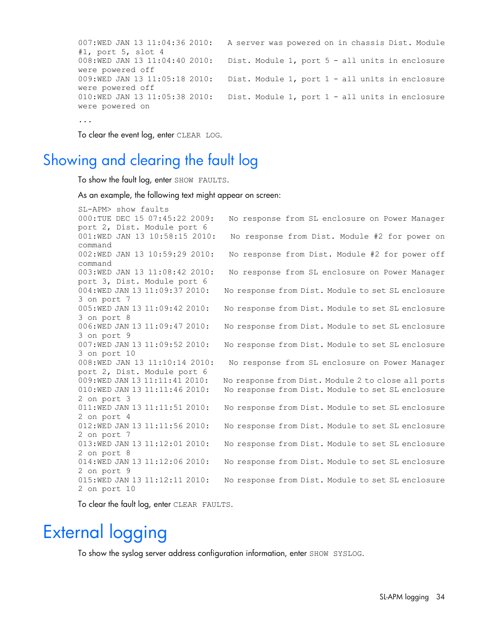 Showing and clearing the fault log, External logging | HP ProLiant DL170e G6 Server User Manual | Page 34 / 111