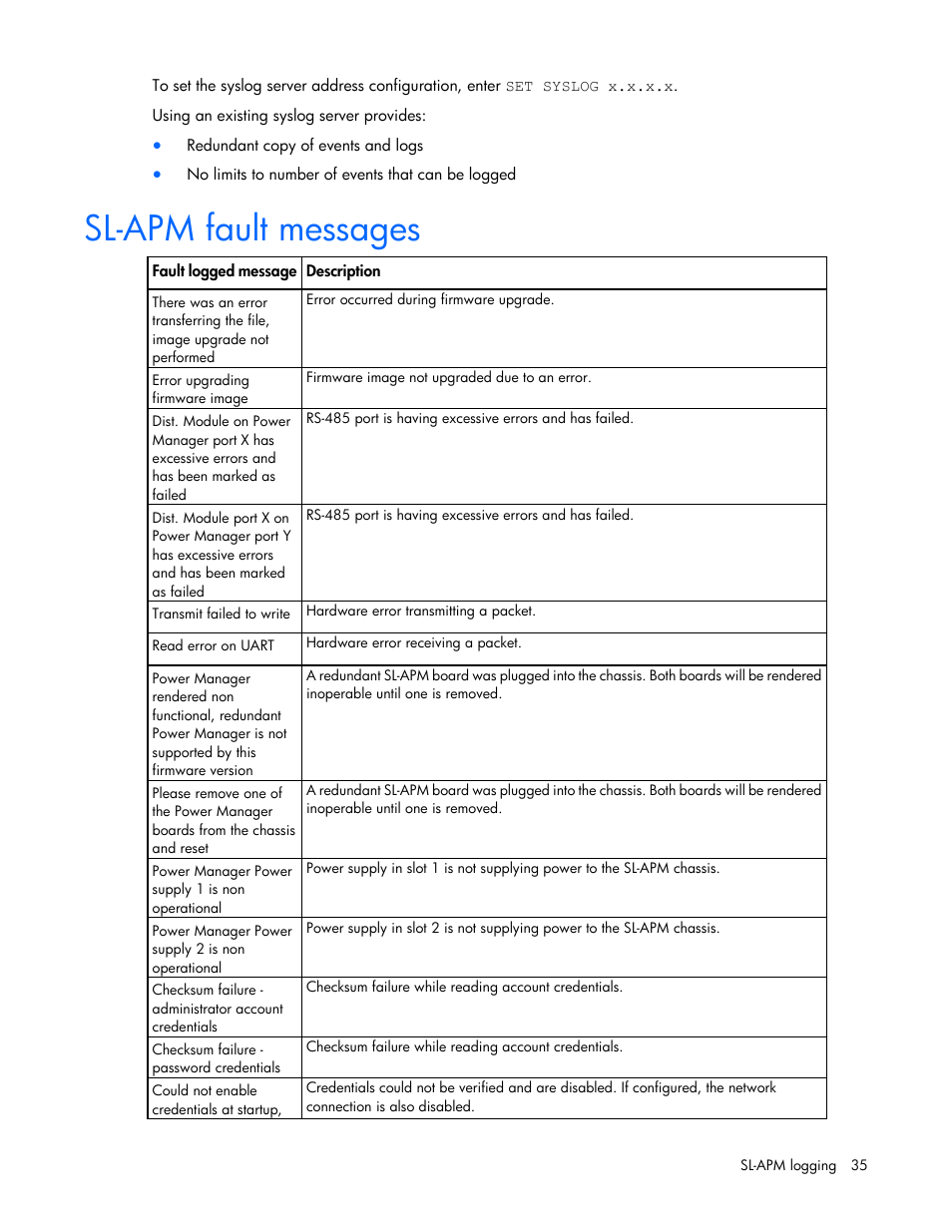 Sl-apm fault messages | HP ProLiant DL170e G6 Server User Manual | Page 35 / 111