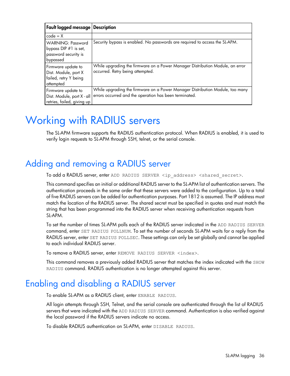 Working with radius servers, Adding and removing a radius server, Enabling and disabling a radius server | HP ProLiant DL170e G6 Server User Manual | Page 36 / 111