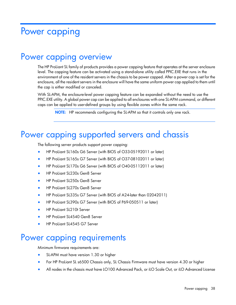 Power capping, Power capping overview, Power capping supported servers and chassis | Power capping requirements | HP ProLiant DL170e G6 Server User Manual | Page 38 / 111