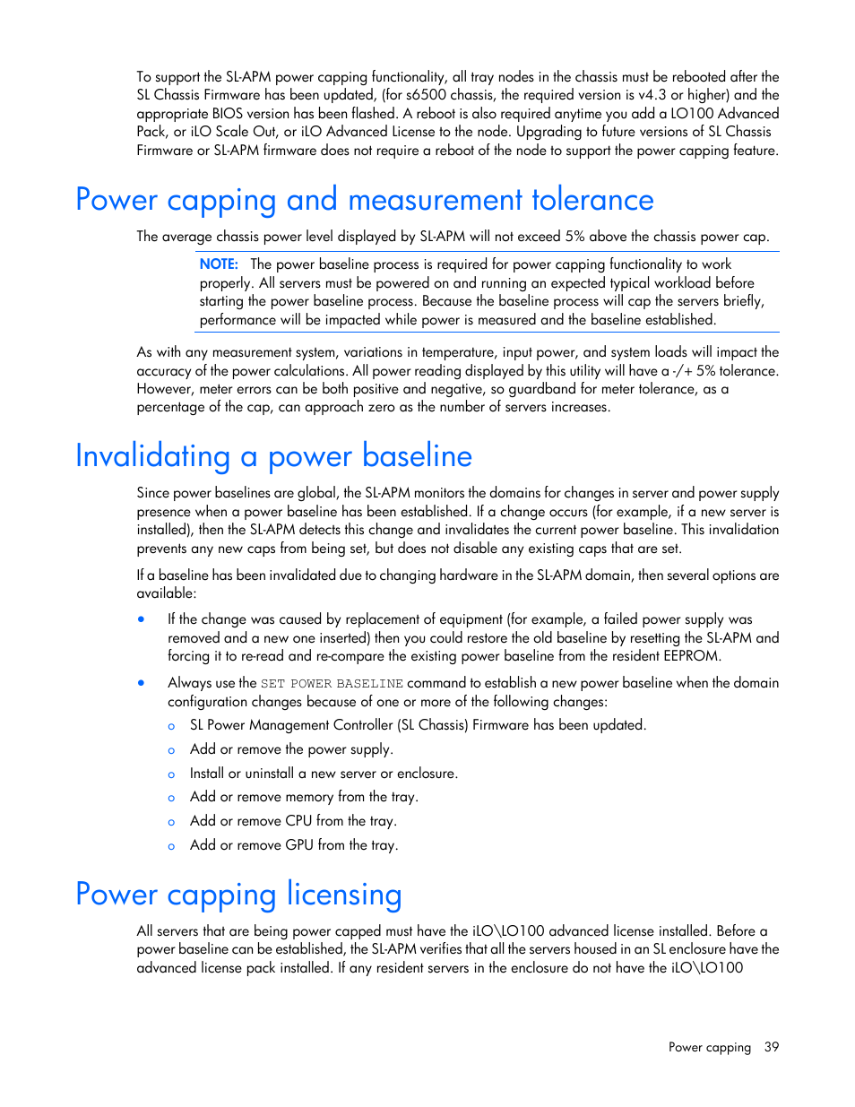 Power capping and measurement tolerance, Invalidating a power baseline, Power capping licensing | HP ProLiant DL170e G6 Server User Manual | Page 39 / 111