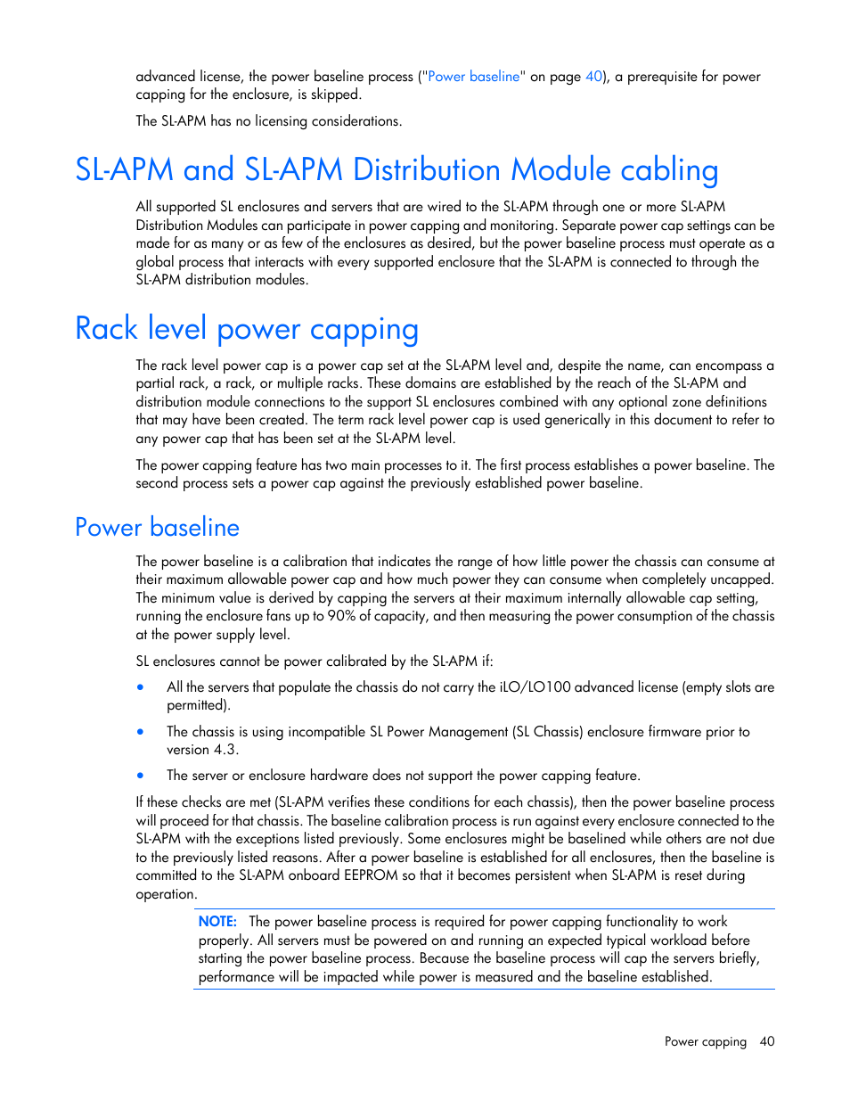 Sl-apm and sl-apm distribution module cabling, Rack level power capping, Power baseline | HP ProLiant DL170e G6 Server User Manual | Page 40 / 111