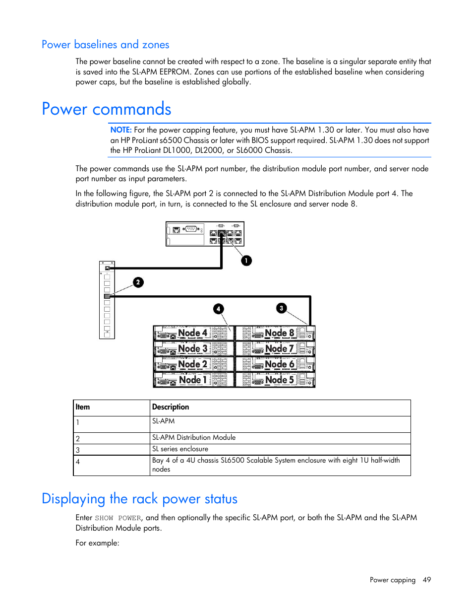 Power baselines and zones, Power commands, Displaying the rack power status | HP ProLiant DL170e G6 Server User Manual | Page 49 / 111