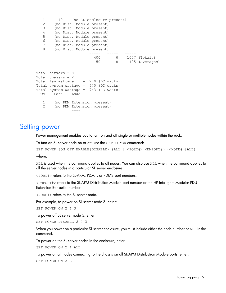 Setting power | HP ProLiant DL170e G6 Server User Manual | Page 51 / 111