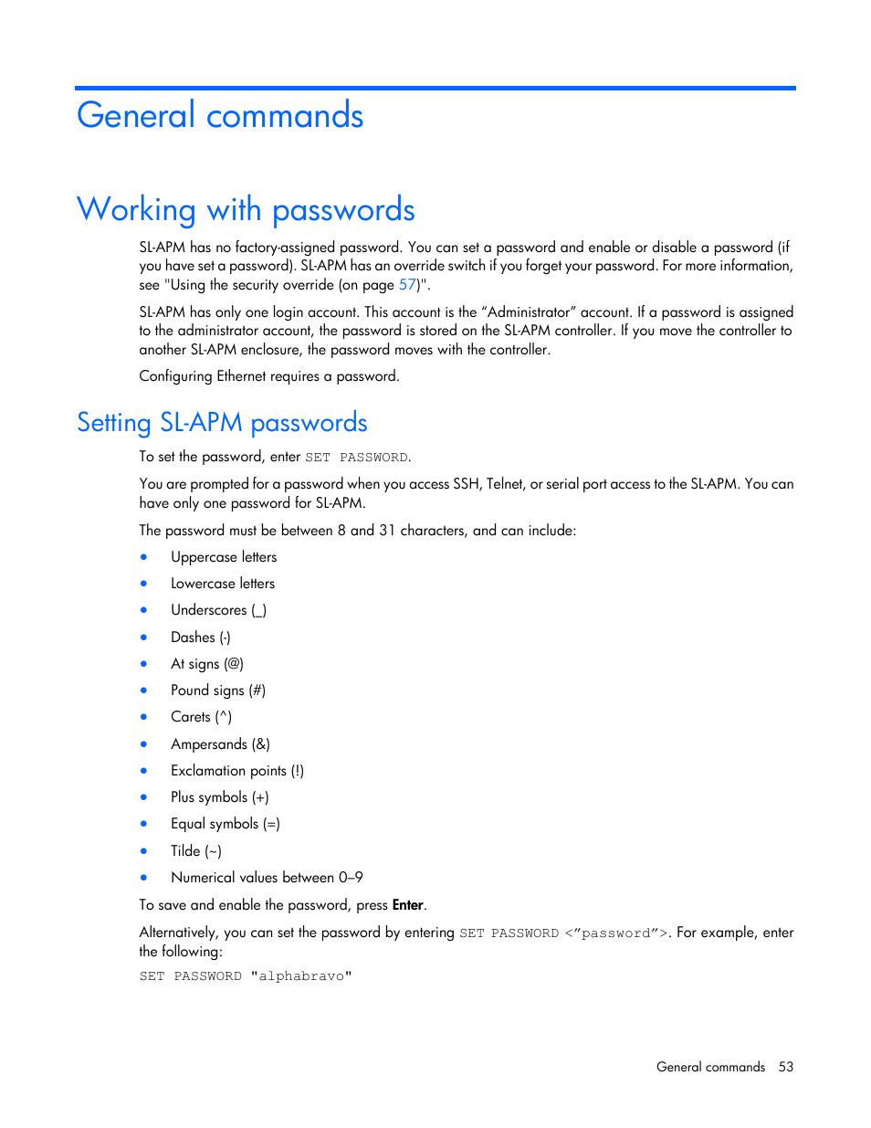 General commands, Working with passwords, Setting sl-apm passwords | HP ProLiant DL170e G6 Server User Manual | Page 53 / 111