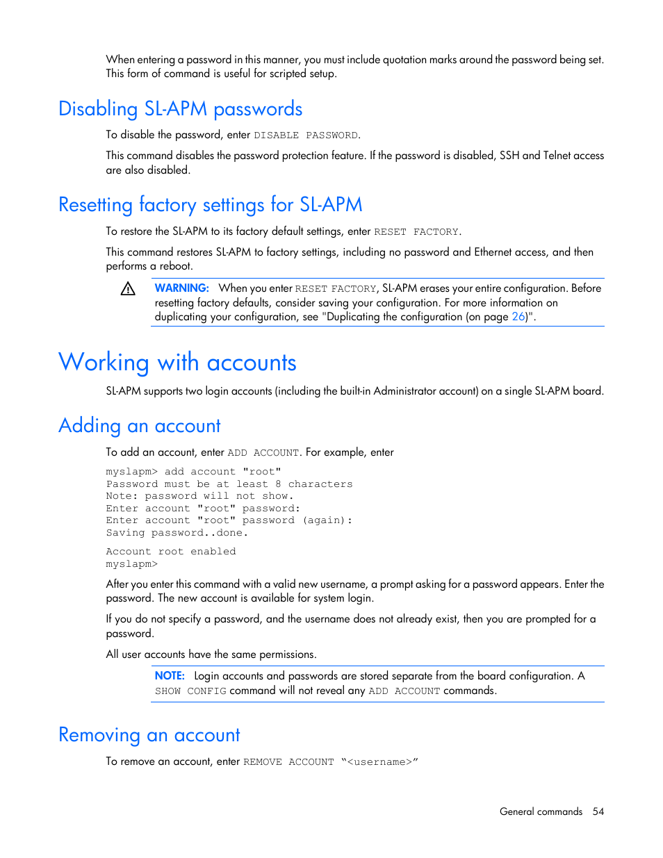 Disabling sl-apm passwords, Resetting factory settings for sl-apm, Working with accounts | Adding an account, Removing an account | HP ProLiant DL170e G6 Server User Manual | Page 54 / 111