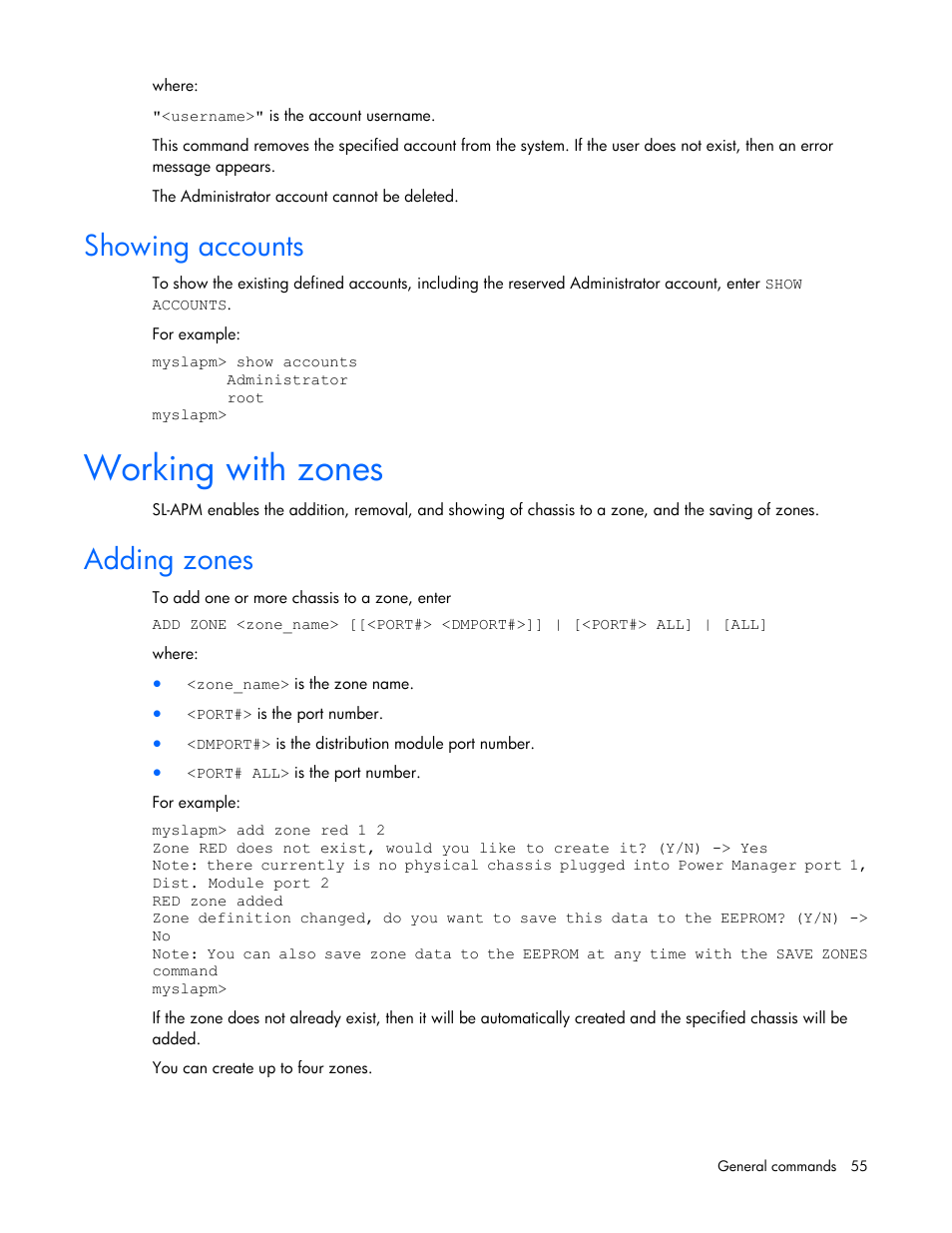 Showing accounts, Working with zones, Adding zones | HP ProLiant DL170e G6 Server User Manual | Page 55 / 111