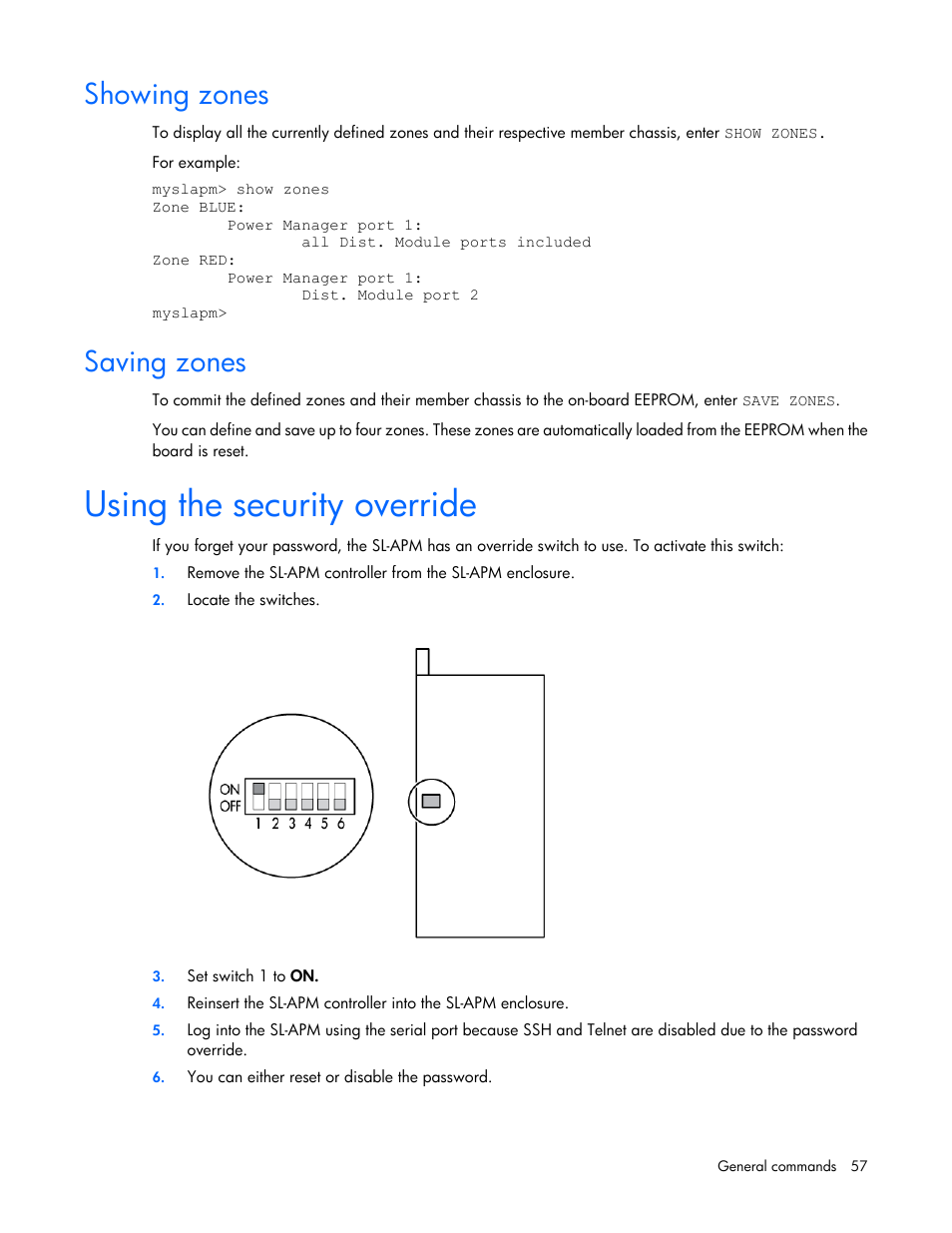 Showing zones, Saving zones, Using the security override | HP ProLiant DL170e G6 Server User Manual | Page 57 / 111