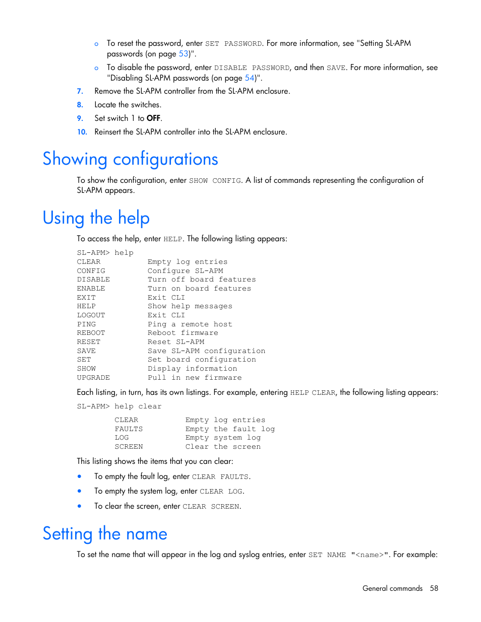 Showing configurations, Using the help, Setting the name | HP ProLiant DL170e G6 Server User Manual | Page 58 / 111