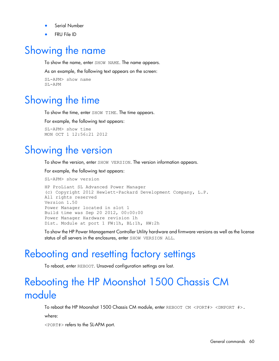 Showing the name, Showing the time, Showing the version | Rebooting and resetting factory settings, Rebooting the hp moonshot 1500 chassis cm module | HP ProLiant DL170e G6 Server User Manual | Page 60 / 111