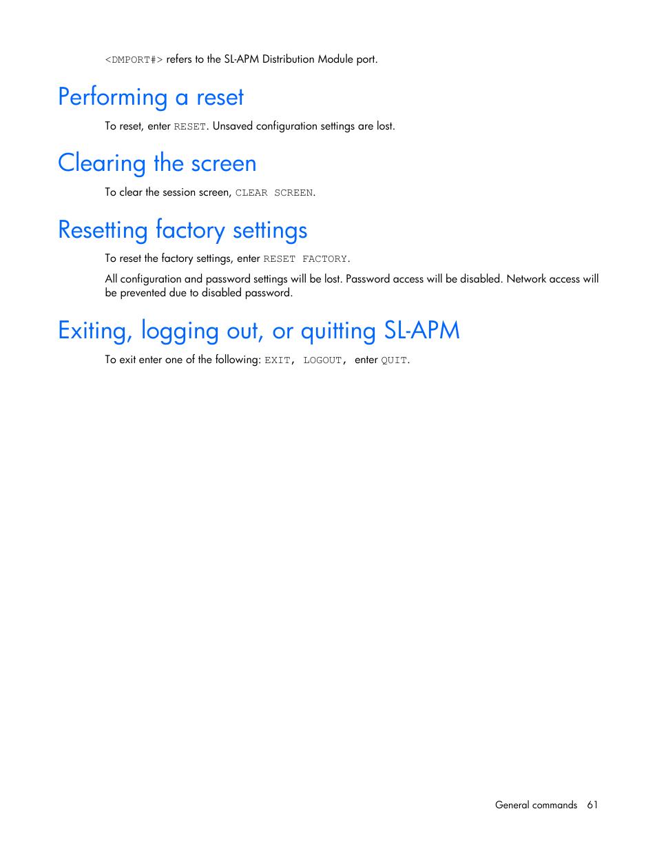 Performing a reset, Clearing the screen, Resetting factory settings | Exiting, logging out, or quitting sl-apm | HP ProLiant DL170e G6 Server User Manual | Page 61 / 111