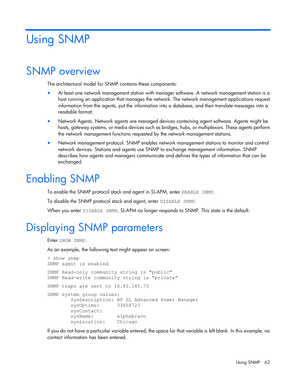 Using snmp, Snmp overview, Enabling snmp | Displaying snmp parameters | HP ProLiant DL170e G6 Server User Manual | Page 62 / 111