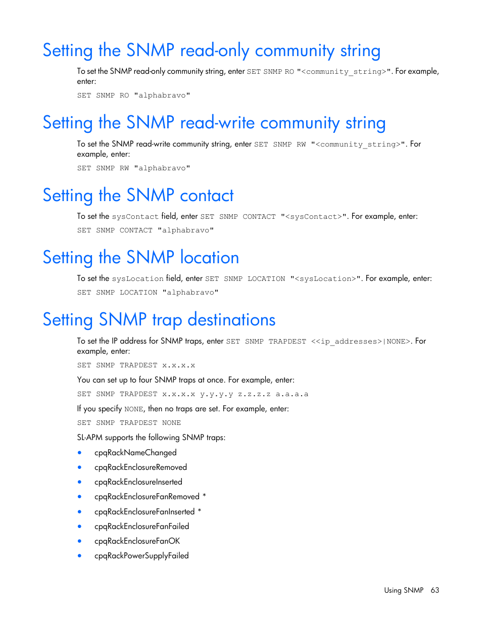 Setting the snmp read-only community string, Setting the snmp read-write community string, Setting the snmp contact | Setting the snmp location, Setting snmp trap destinations | HP ProLiant DL170e G6 Server User Manual | Page 63 / 111