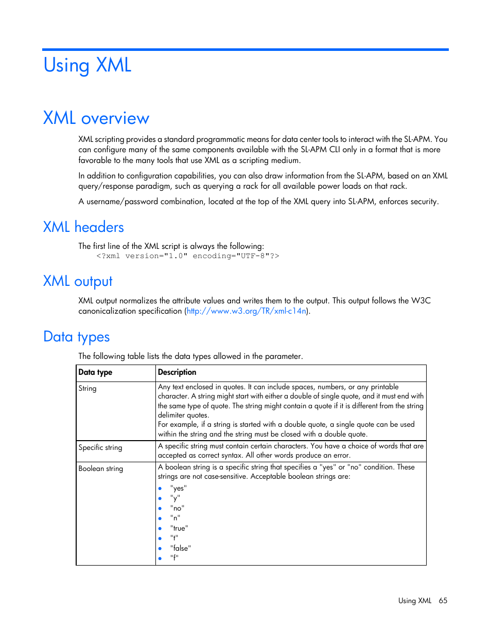 Using xml, Xml overview, Xml headers | Xml output, Data types | HP ProLiant DL170e G6 Server User Manual | Page 65 / 111