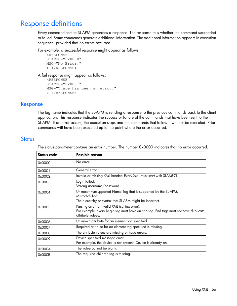 Response definitions, Response, Status | HP ProLiant DL170e G6 Server User Manual | Page 66 / 111