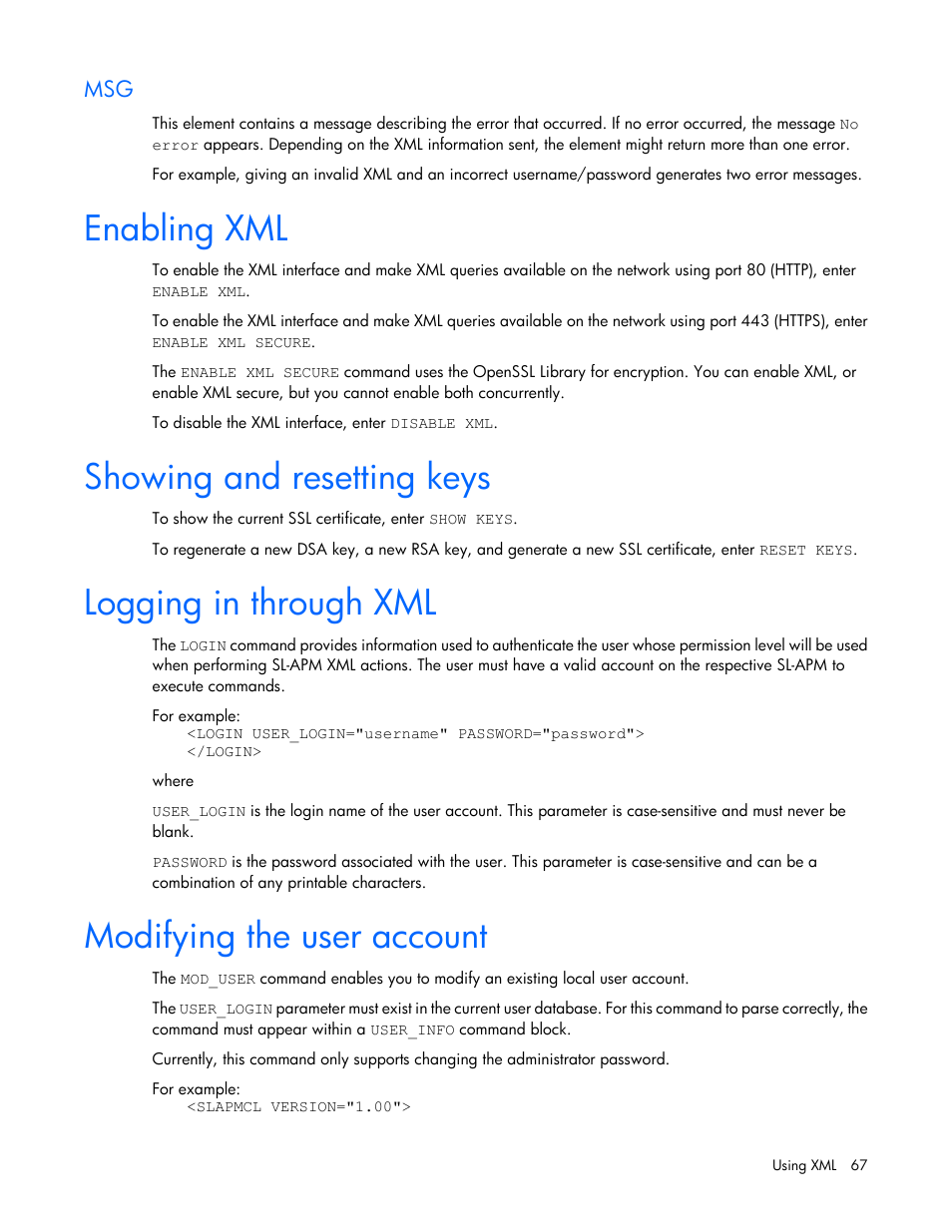 Enabling xml, Showing and resetting keys, Logging in through xml | Modifying the user account | HP ProLiant DL170e G6 Server User Manual | Page 67 / 111