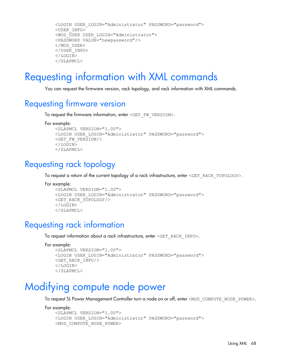 Requesting information with xml commands, Requesting firmware version, Requesting rack topology | Requesting rack information, Modifying compute node power | HP ProLiant DL170e G6 Server User Manual | Page 68 / 111