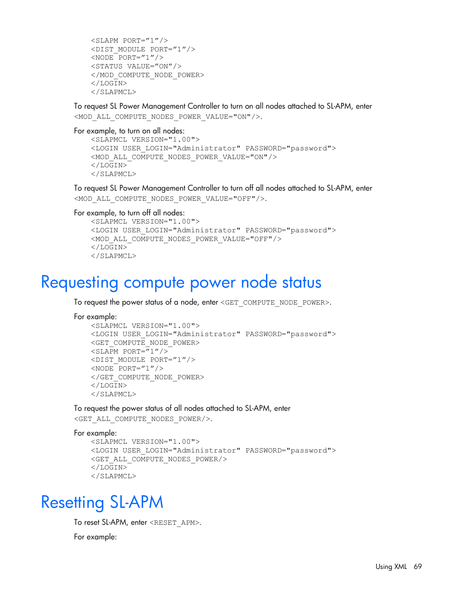 Requesting compute power node status, Resetting sl-apm | HP ProLiant DL170e G6 Server User Manual | Page 69 / 111