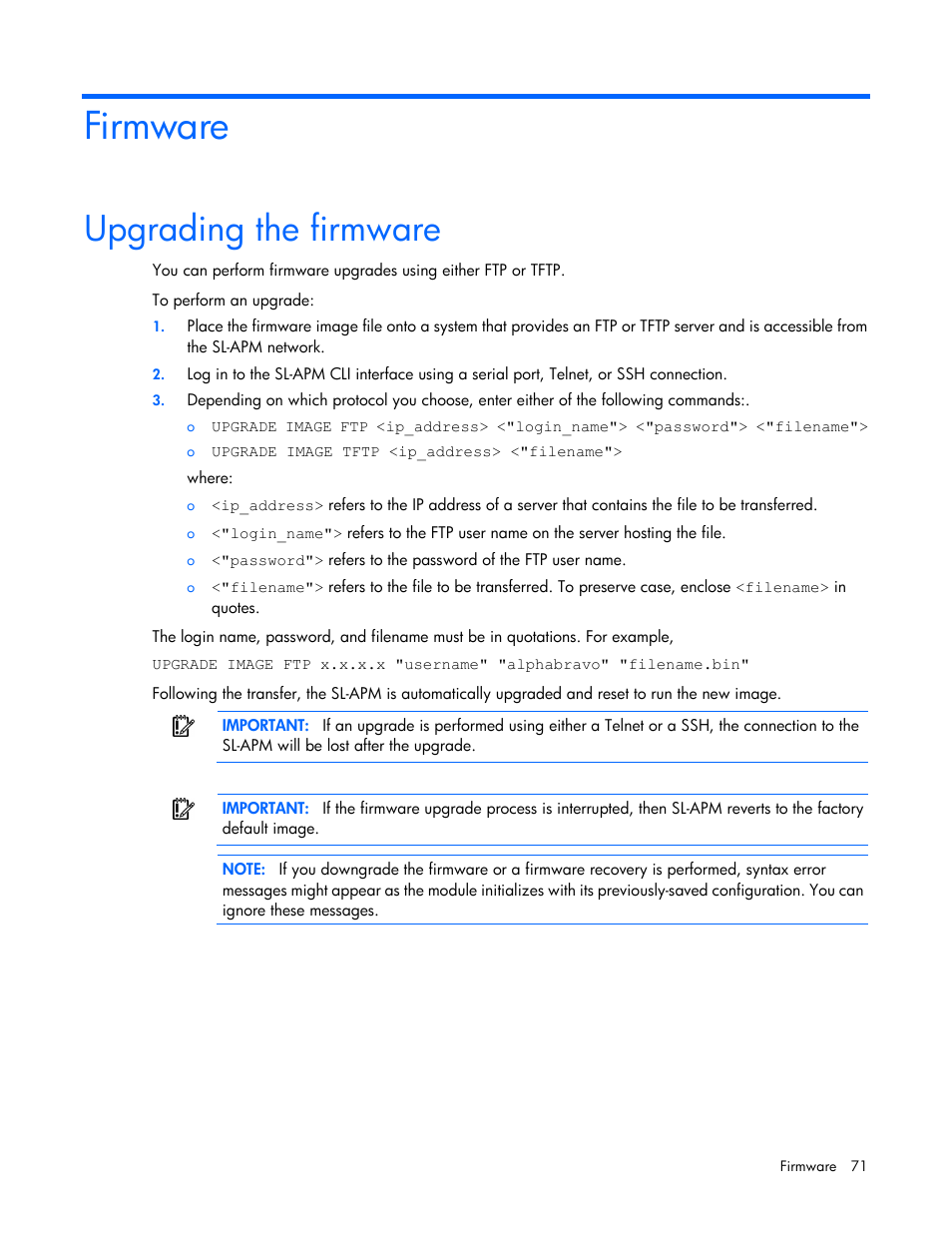 Firmware, Upgrading the firmware | HP ProLiant DL170e G6 Server User Manual | Page 71 / 111