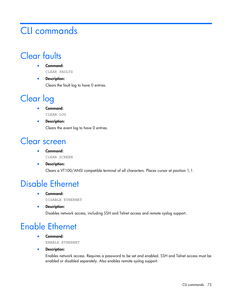 Cli commands, Clear faults, Clear log | Clear screen, Disable ethernet, Enable ethernet | HP ProLiant DL170e G6 Server User Manual | Page 73 / 111