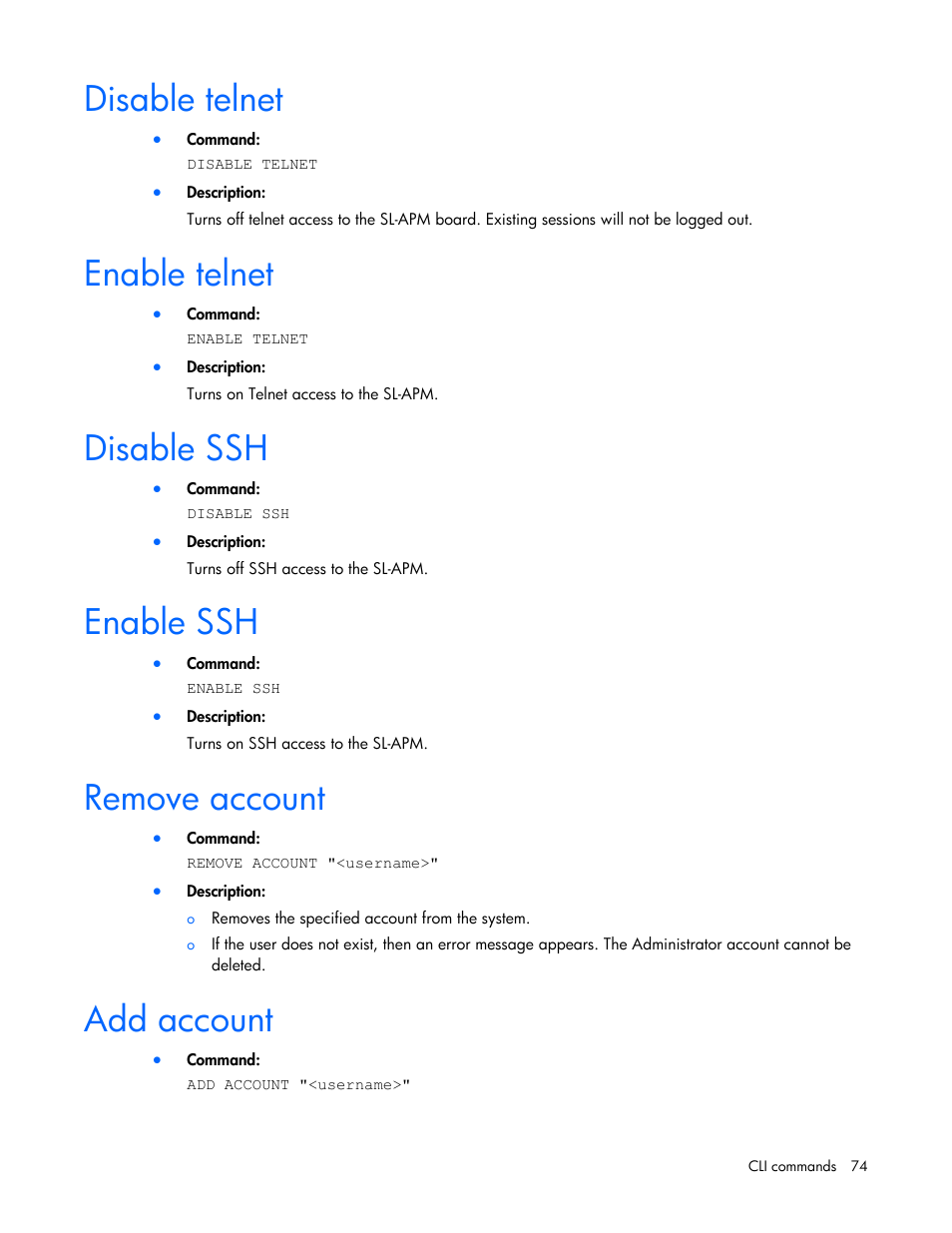 Disable telnet, Enable telnet, Disable ssh | Enable ssh, Remove account, Add account | HP ProLiant DL170e G6 Server User Manual | Page 74 / 111