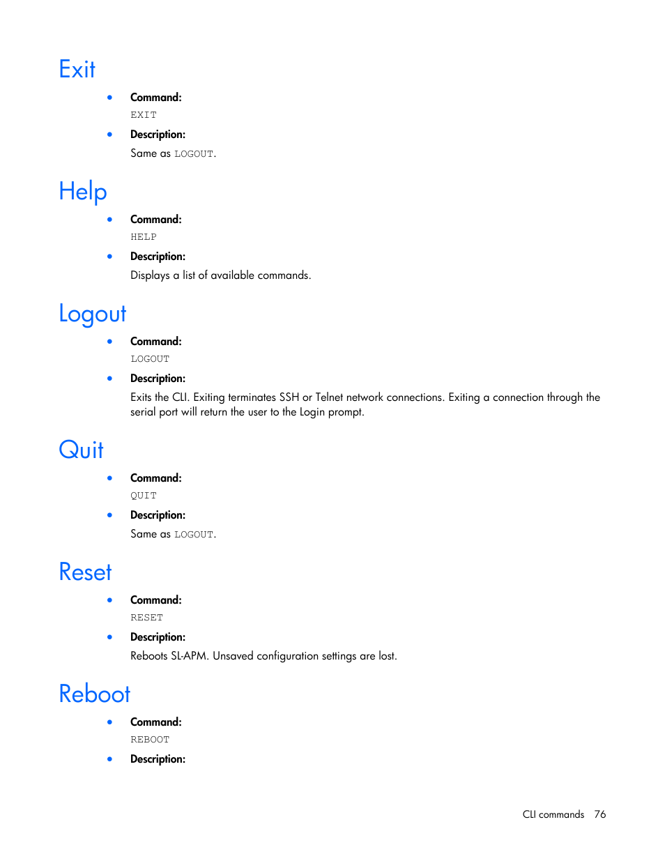 Exit, Help, Logout | Quit, Reset, Reboot | HP ProLiant DL170e G6 Server User Manual | Page 76 / 111