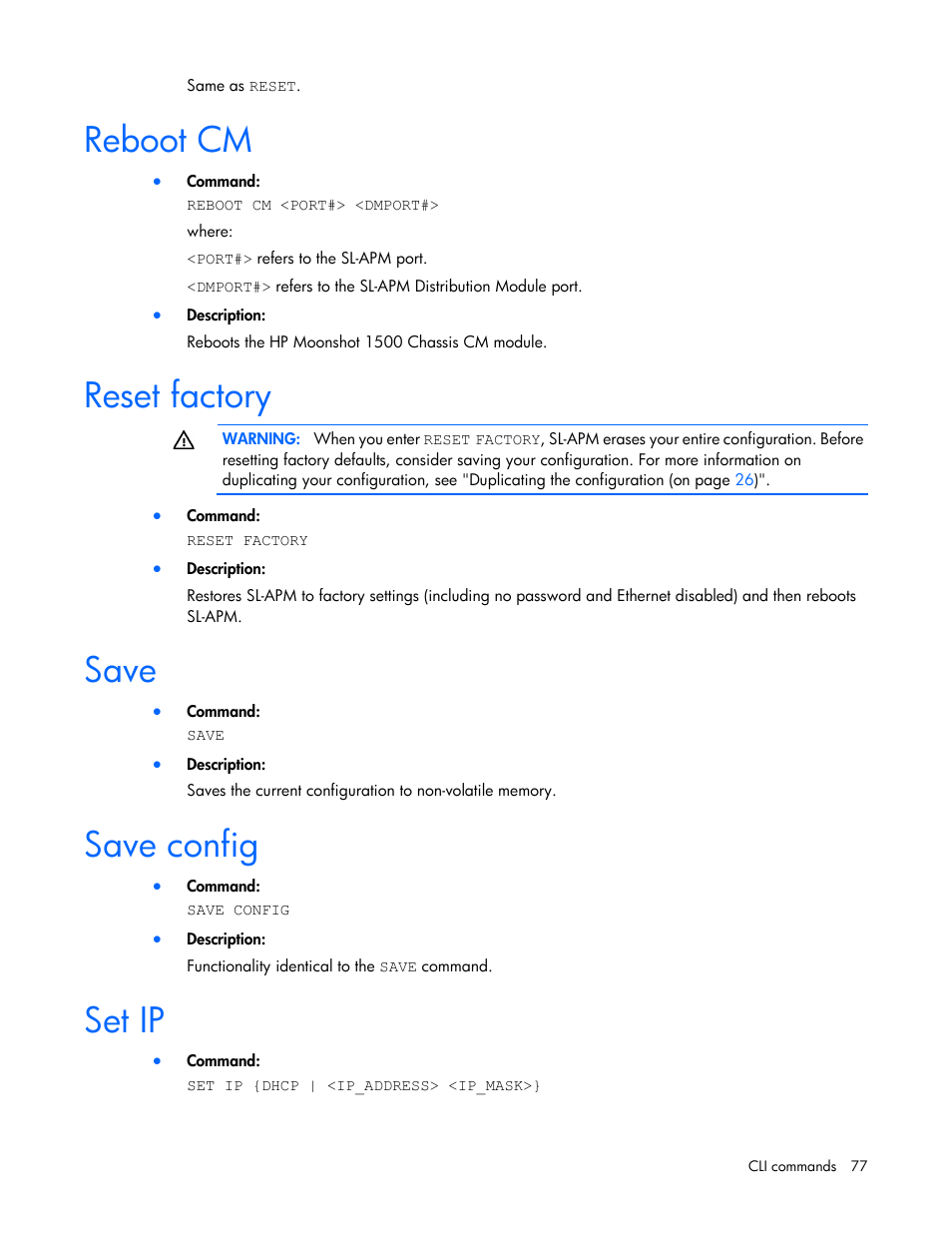 Reboot cm, Reset factory, Save | Save config, Set ip | HP ProLiant DL170e G6 Server User Manual | Page 77 / 111