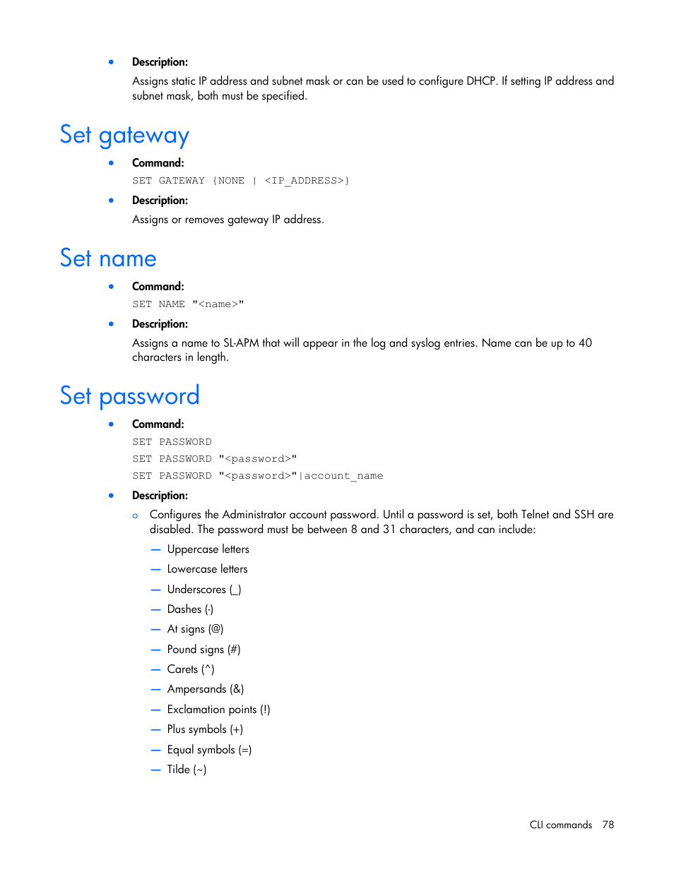 Set gateway, Set name, Set password | HP ProLiant DL170e G6 Server User Manual | Page 78 / 111