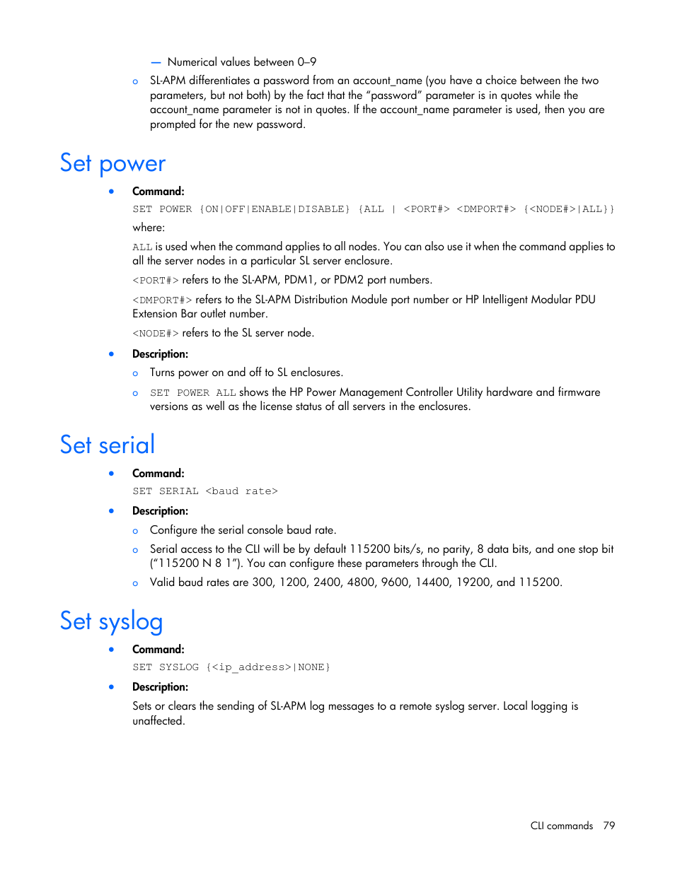 Set power, Set serial, Set syslog | HP ProLiant DL170e G6 Server User Manual | Page 79 / 111