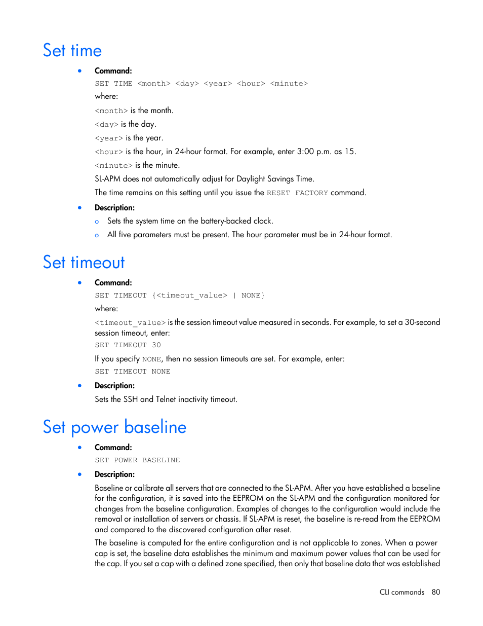 Set time, Set timeout, Set power baseline | HP ProLiant DL170e G6 Server User Manual | Page 80 / 111