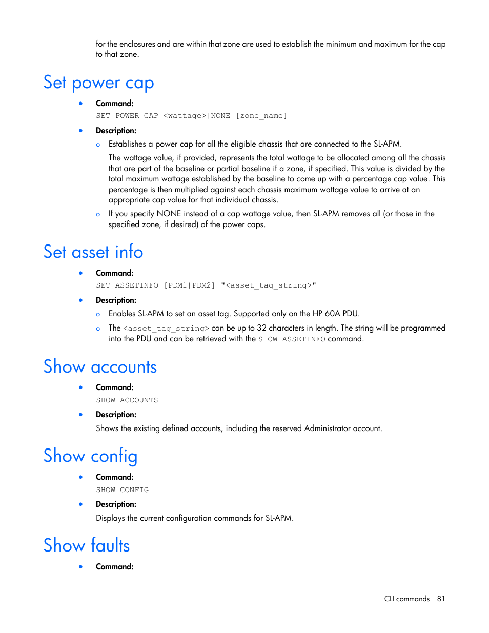 Set power cap, Set asset info, Show accounts | Show config, Show faults | HP ProLiant DL170e G6 Server User Manual | Page 81 / 111