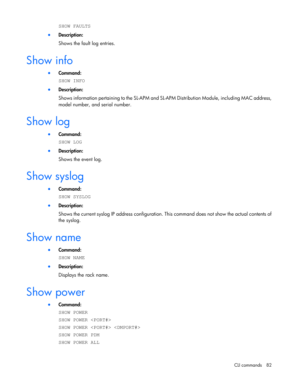 Show info, Show log, Show syslog | Show name, Show power | HP ProLiant DL170e G6 Server User Manual | Page 82 / 111