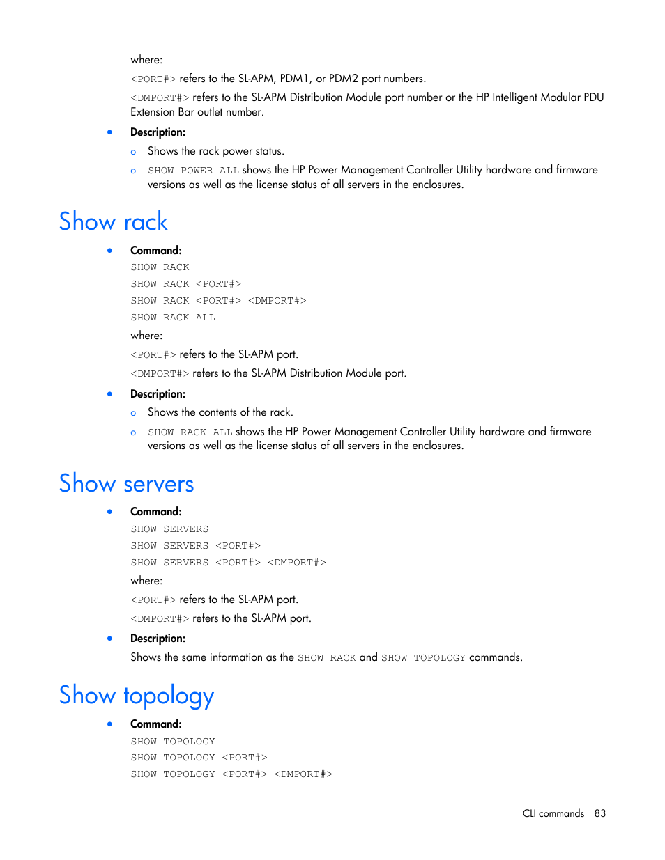 Show rack, Show servers, Show topology | HP ProLiant DL170e G6 Server User Manual | Page 83 / 111