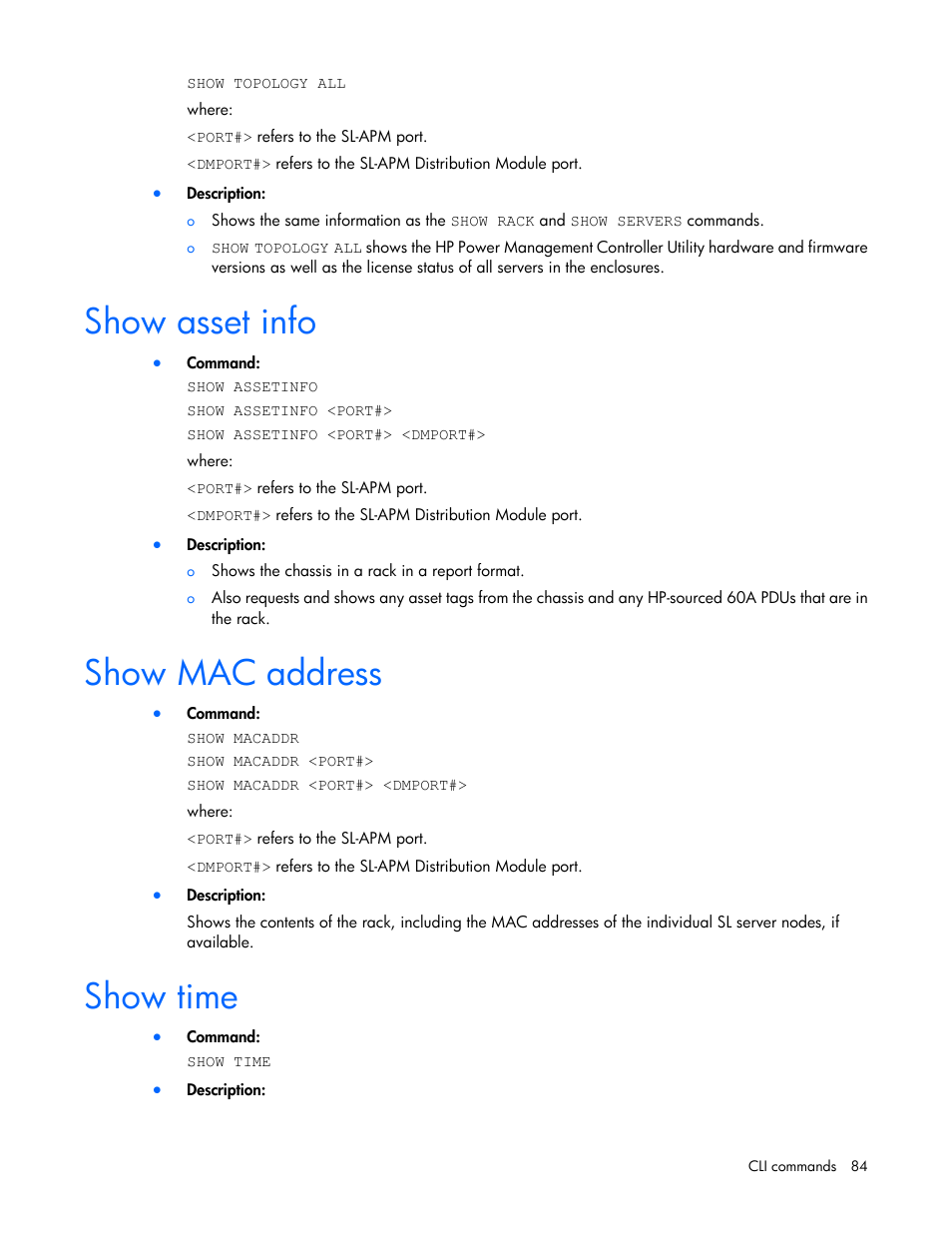 Show asset info, Show mac address, Show time | HP ProLiant DL170e G6 Server User Manual | Page 84 / 111