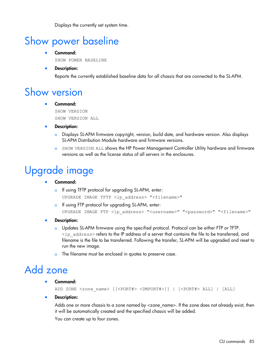 Show power baseline, Show version, Upgrade image | Add zone | HP ProLiant DL170e G6 Server User Manual | Page 85 / 111