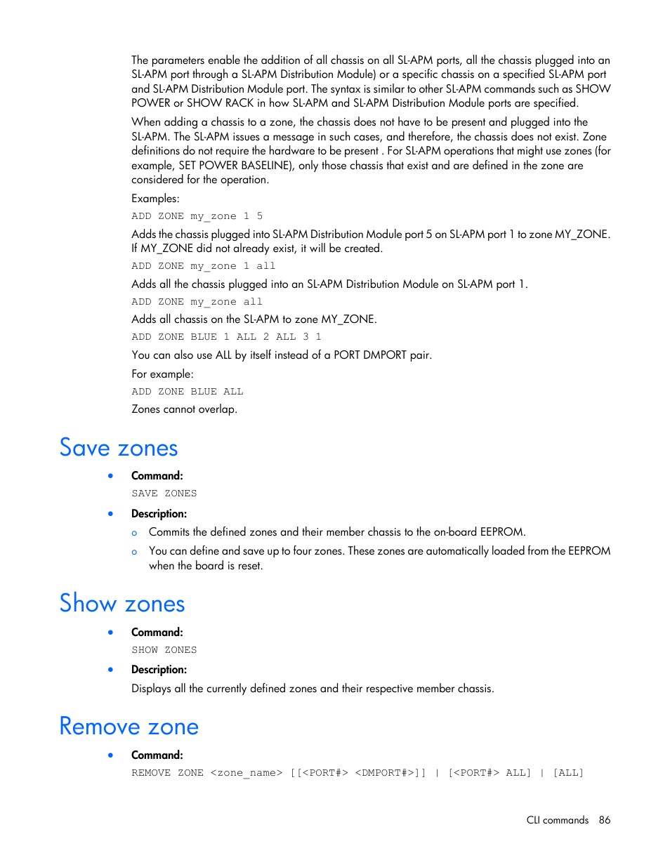 Save zones, Show zones, Remove zone | HP ProLiant DL170e G6 Server User Manual | Page 86 / 111