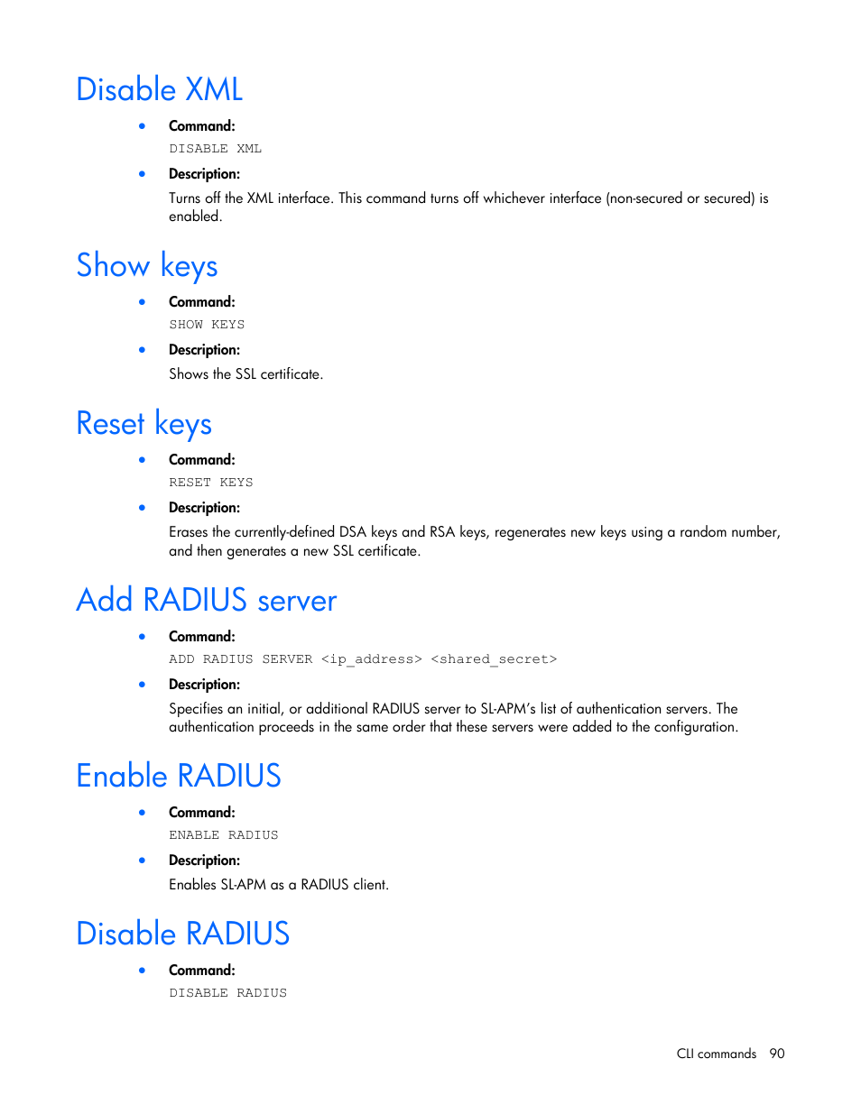 Disable xml, Show keys, Reset keys | Add radius server, Enable radius, Disable radius | HP ProLiant DL170e G6 Server User Manual | Page 90 / 111