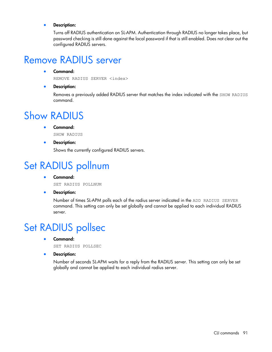 Remove radius server, Show radius, Set radius pollnum | Set radius pollsec | HP ProLiant DL170e G6 Server User Manual | Page 91 / 111