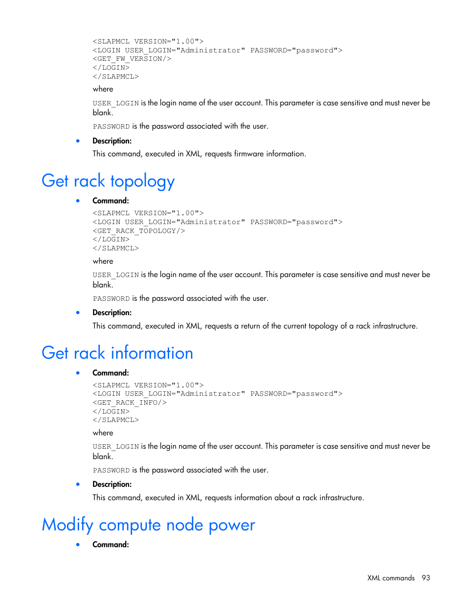 Get rack topology, Get rack information, Modify compute node power | HP ProLiant DL170e G6 Server User Manual | Page 93 / 111