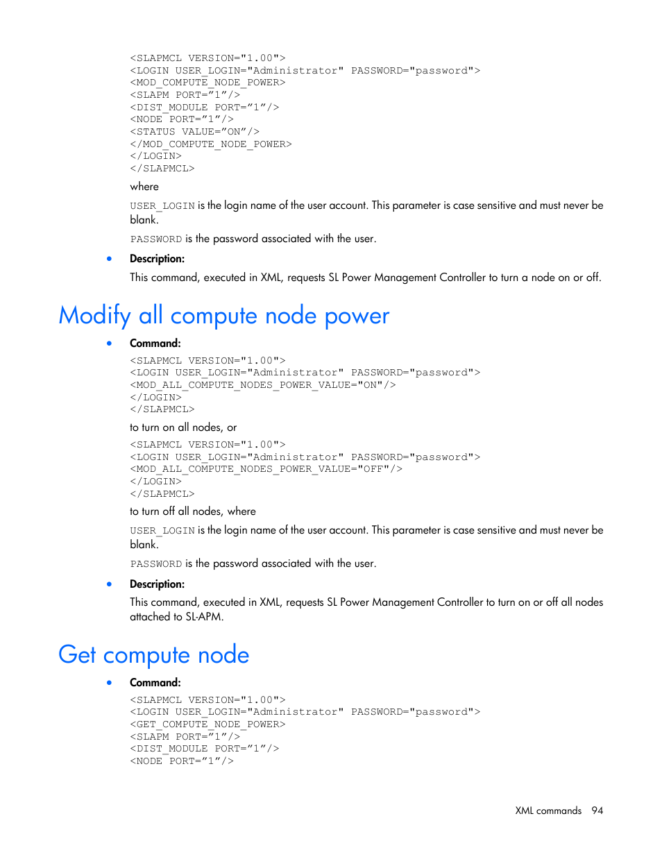 Modify all compute node power, Get compute node | HP ProLiant DL170e G6 Server User Manual | Page 94 / 111