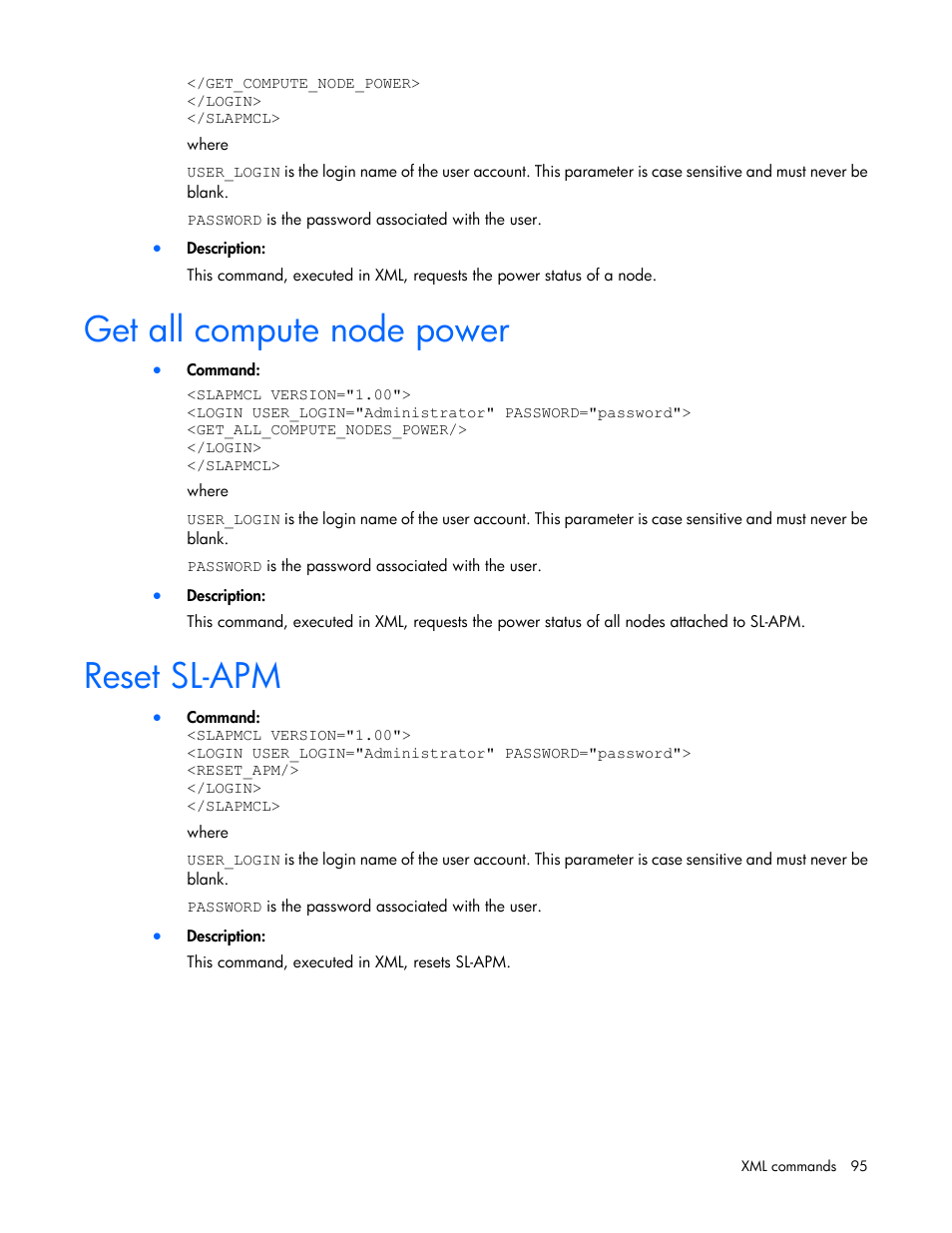 Get all compute node power, Reset sl-apm | HP ProLiant DL170e G6 Server User Manual | Page 95 / 111