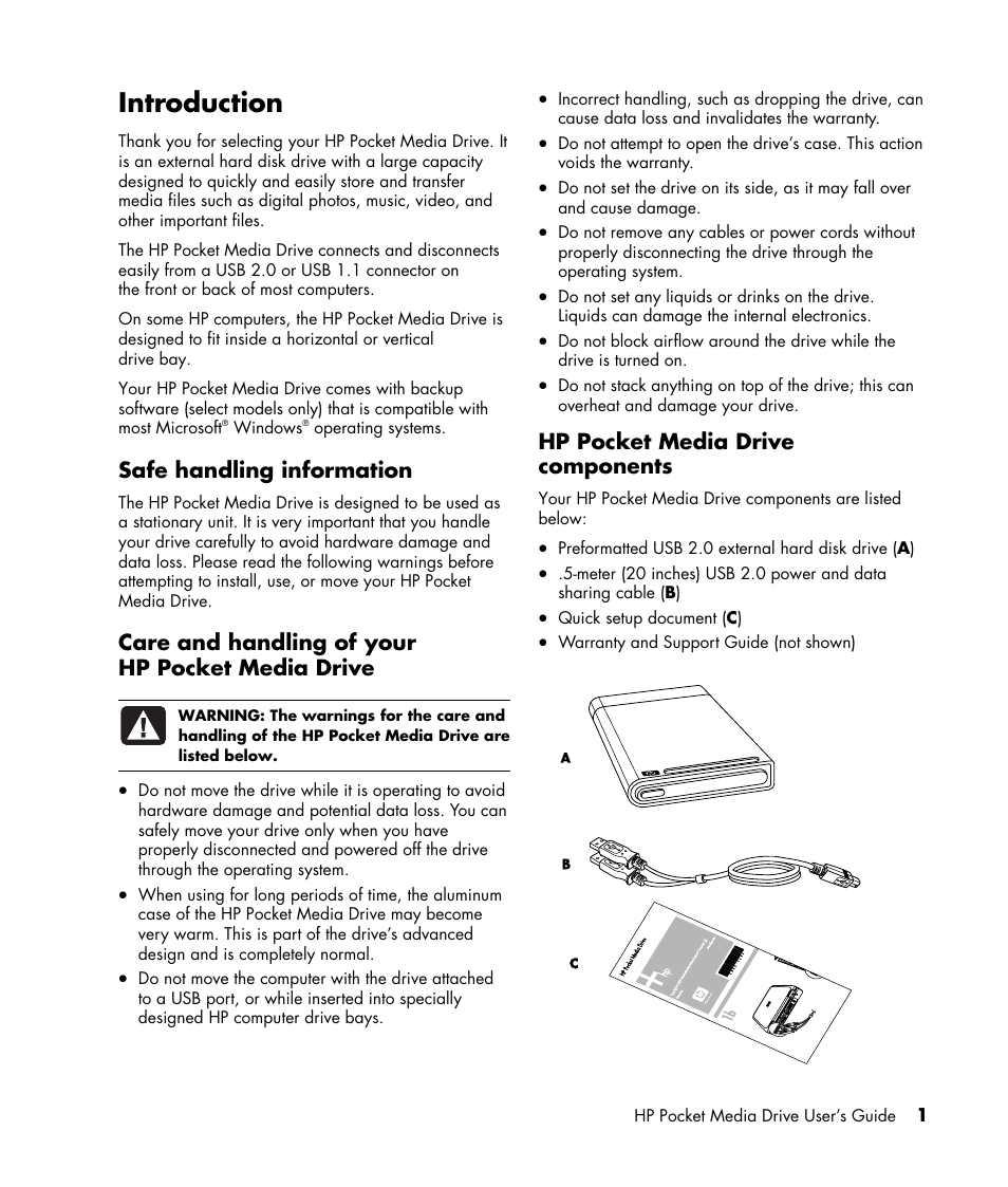 Introduction, Safe handling information, Care and handling of your hp pocket media drive | Hp pocket media drive components | HP PD0800 Pocket Media Drive User Manual | Page 5 / 12