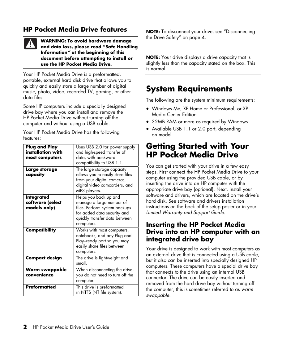Hp pocket media drive features, System requirements, Getting started with your hp pocket media drive | HP PD0800 Pocket Media Drive User Manual | Page 6 / 12