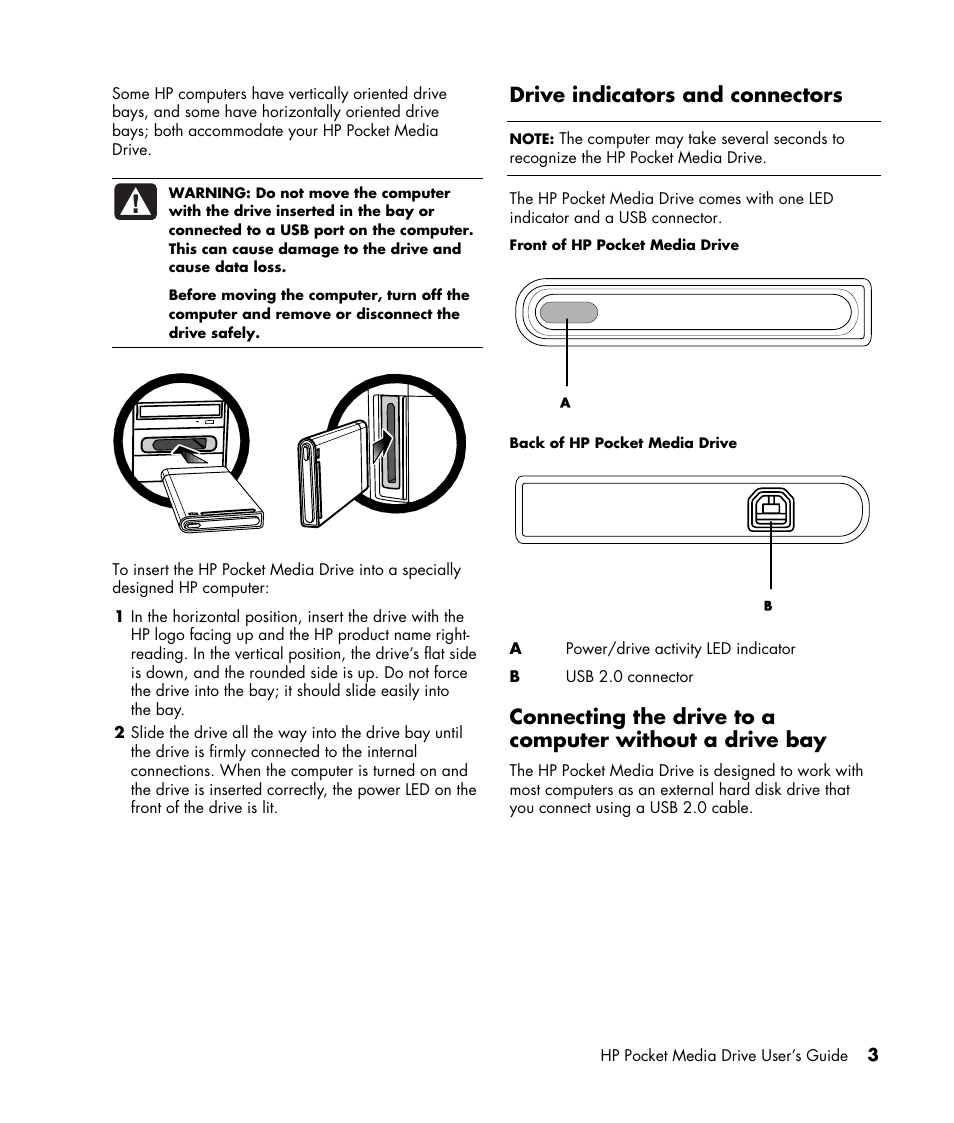 Drive indicators and connectors | HP PD0800 Pocket Media Drive User Manual | Page 7 / 12